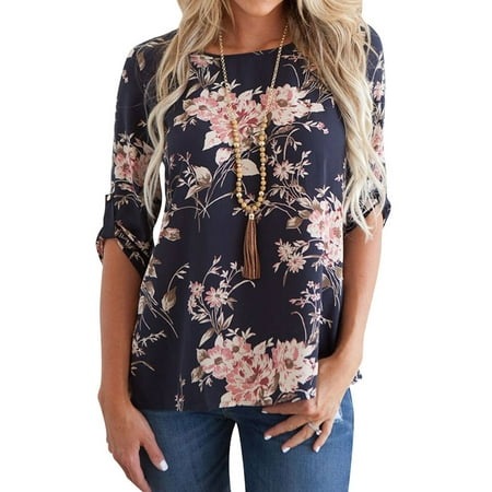 Roll Neck Shirts - 711ONLINESTORE Women 3/4 Rolled Sleeve Round Neck Floral Print Tunic Top