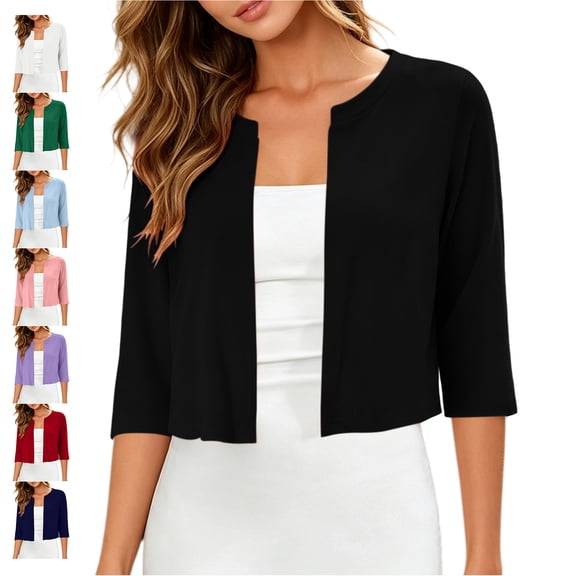 TGSLY Women's Cardigan Shrugs Tops Cropped Open Front Crew Neck 3/4 Sleeve Shirts Dressy Casual Solid Color Versatile Layering Shrug S