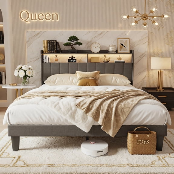 Upholstered Queen Size Platform Bed Frame with LED Lights, Charging Station & 2-Tier Storage Headboard, Wooden Slats Support No Box Spring Required Quiet Design Dark Grey