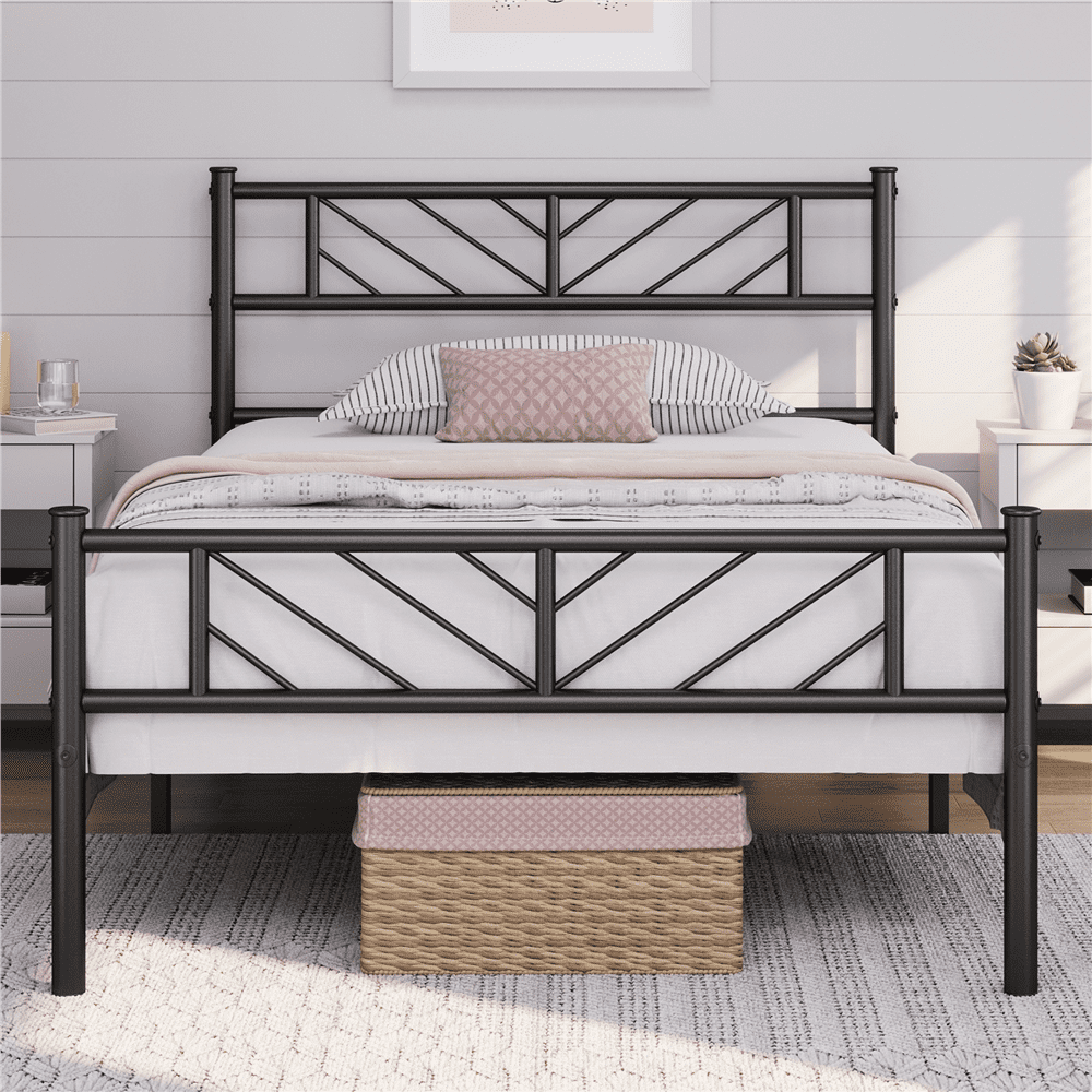Renwick Justice Twin Size Metal Platform Bed with Arrow Design, Adult, Black