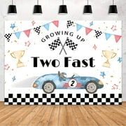 Two Fast Birthday Backdrop for Boy Blue Race Car Theme Party Decorations 2nd Birthday Growing Up Photography Background Cool Trophy Checked Flag Background Banner