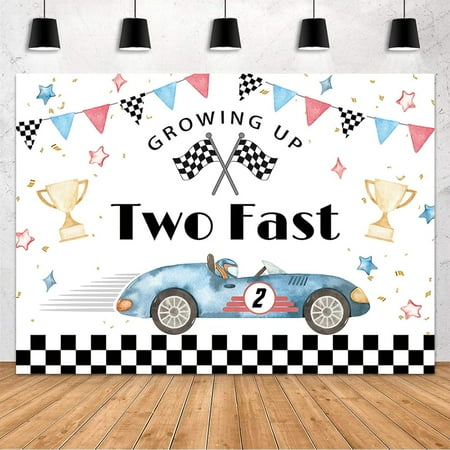 Two Fast Birthday Backdrop for Boy Blue Race Car Theme Party Decorations 2nd Birthday Growing Up Photography Background Cool Trophy Checked Flag Background Banner