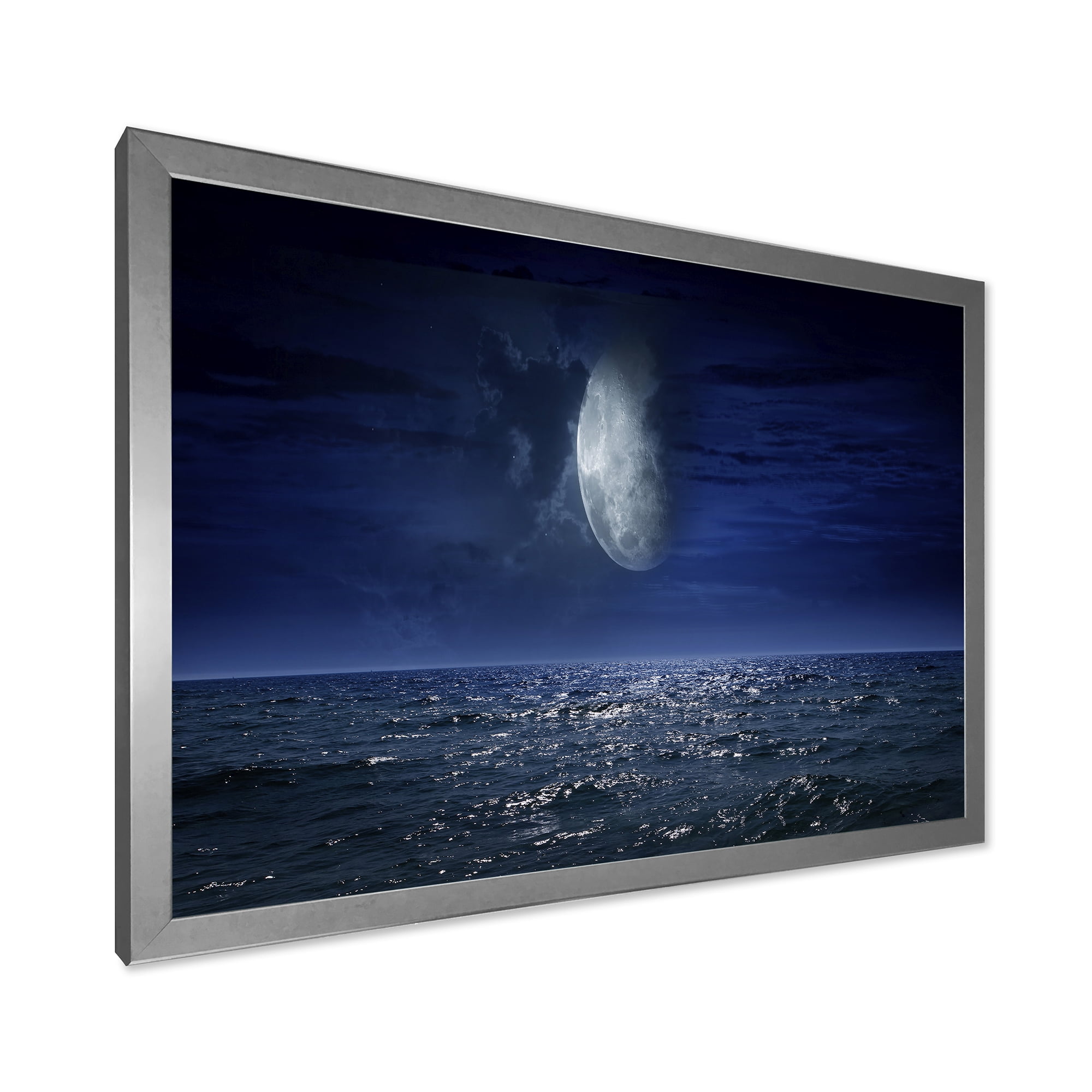 Designart 'Full Moon Night Over Dark Ocean' Nautical & Coastal Framed Art Print