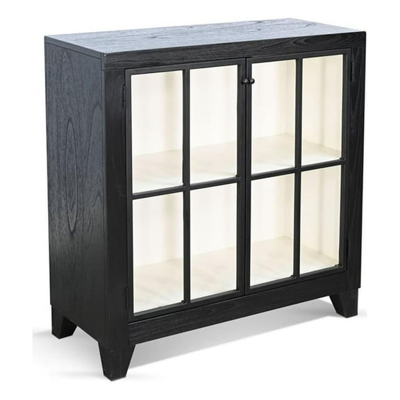 Pemberly Row Contemporary Black Glass Door Cabinet with Shelving