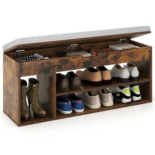 Gymax Shoe Bench Home Entryway Shoes Storage Bench w/ Padded Seat & Hidden Storage Brown