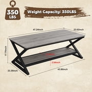 47 inch Gray Rectangle Coffee Table for Living Room, 2-Tier Wooden Coffee Tables with Round Corner, Modern Center Table for Small Space, Apartment, Office