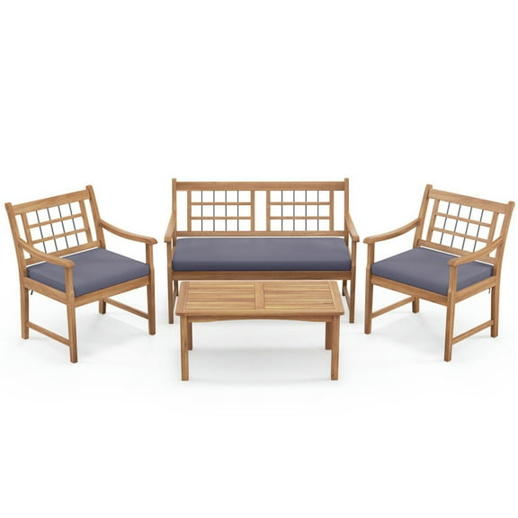 Barara King 4 Piece Wood Patio Furniture with Armchairs Loveseat and Coffee Table-Gray