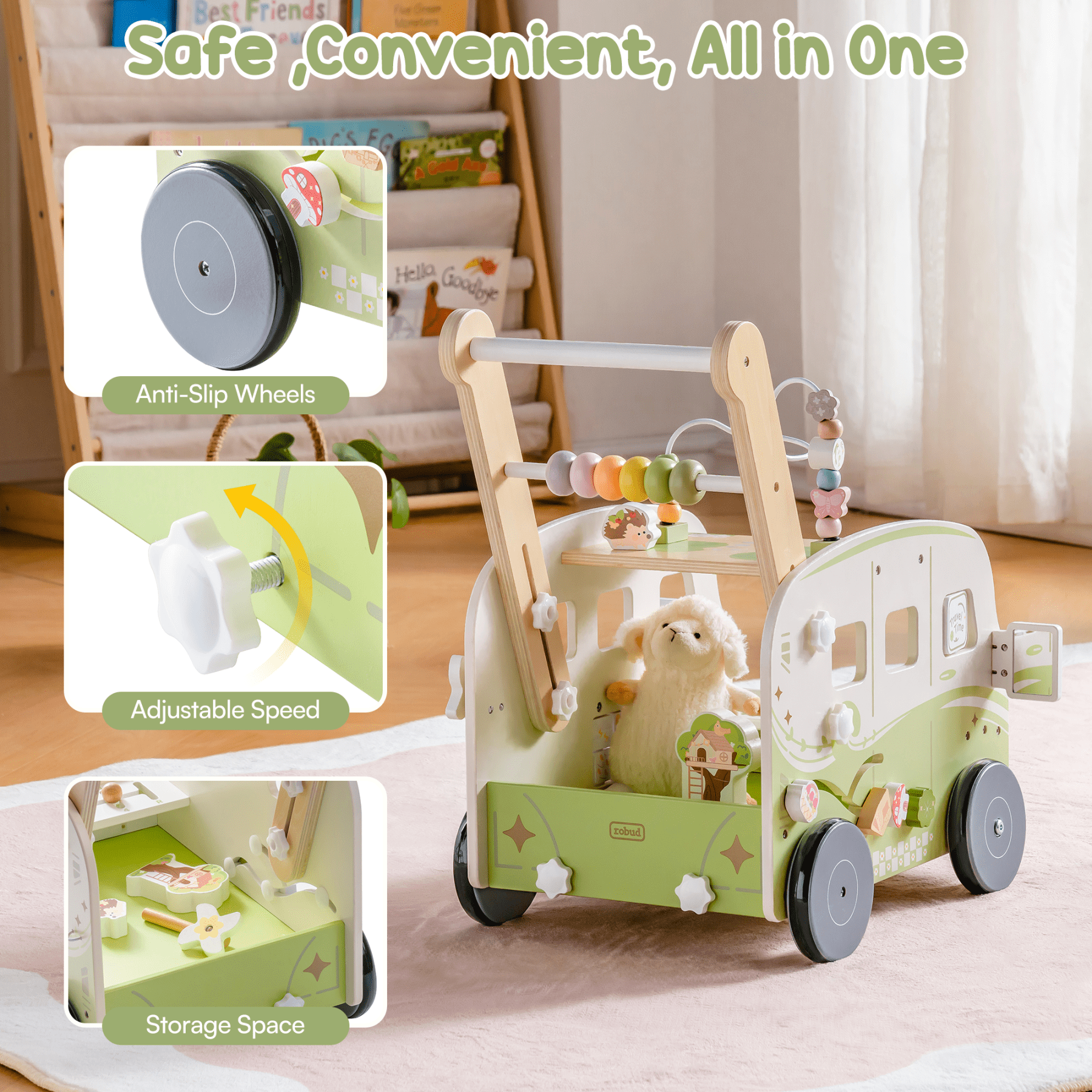 ROBUD Wooden Baby Push Walker Toy, Vacation Bus Theme with Activity Blocks, Sound & Light, Adjustable Speed, Learning Walker Gift for Toddlers 12+ Months,Green