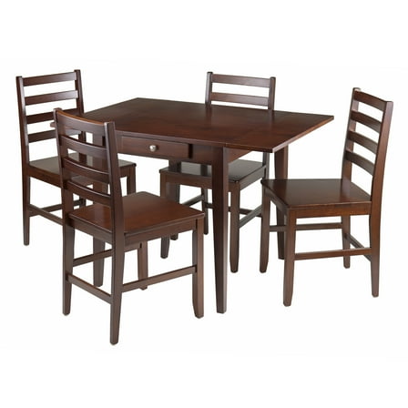 Contemporary Home Living Set of 5 Walnut Wood Drop Leaf Dining Table with Ladder Back Design Chairs