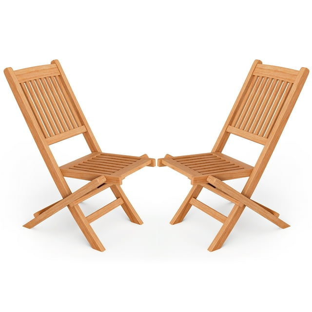 Costway 2PCS Patio Folding Chair Solid Indonesia Teak Wood Slatted Seat Natural Portable Outdoor