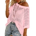 thumbnail image 2 of Womens Tops Shirts Sweater Crochet Hollow Out Off Shoulder Short Sleeve Casual Knit Lightweight Oversized Baggy Pullover Cover Up Summer Blouses, 2 of 7