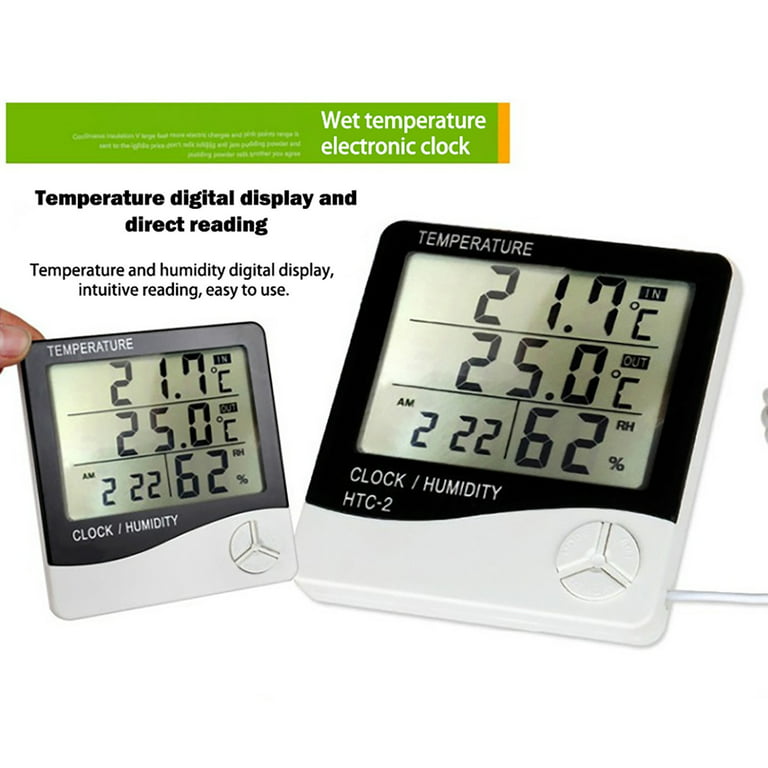 Digital Thermometer Hygrometer Indoor Outdoor Temperature Meter Humidity  Monitor with LCD Alarm Clock, 1M Probe Cord Temperature Humidity Gauge for