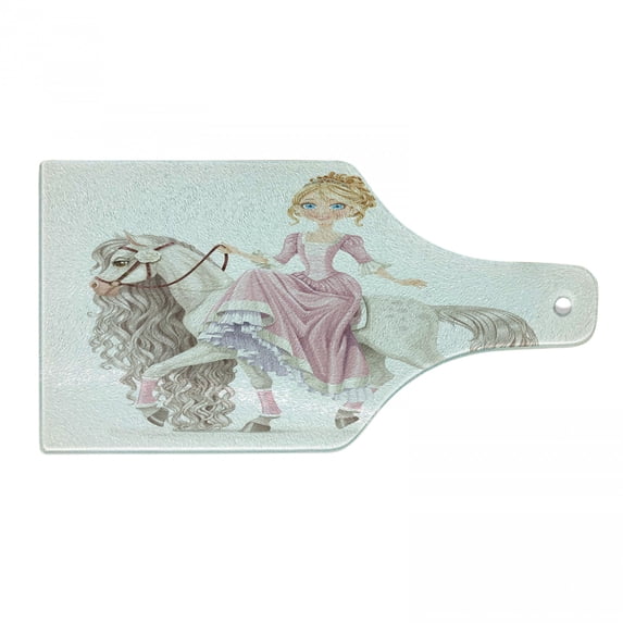 Feminine Cutting Board, Smiling Cartoon on a White Horse Mane Happiness Theme Animal Print, Decorative Tempered Glass Cutting and Serving Board, Wine Bottle Shape, Cream Pink, by Ambesonne