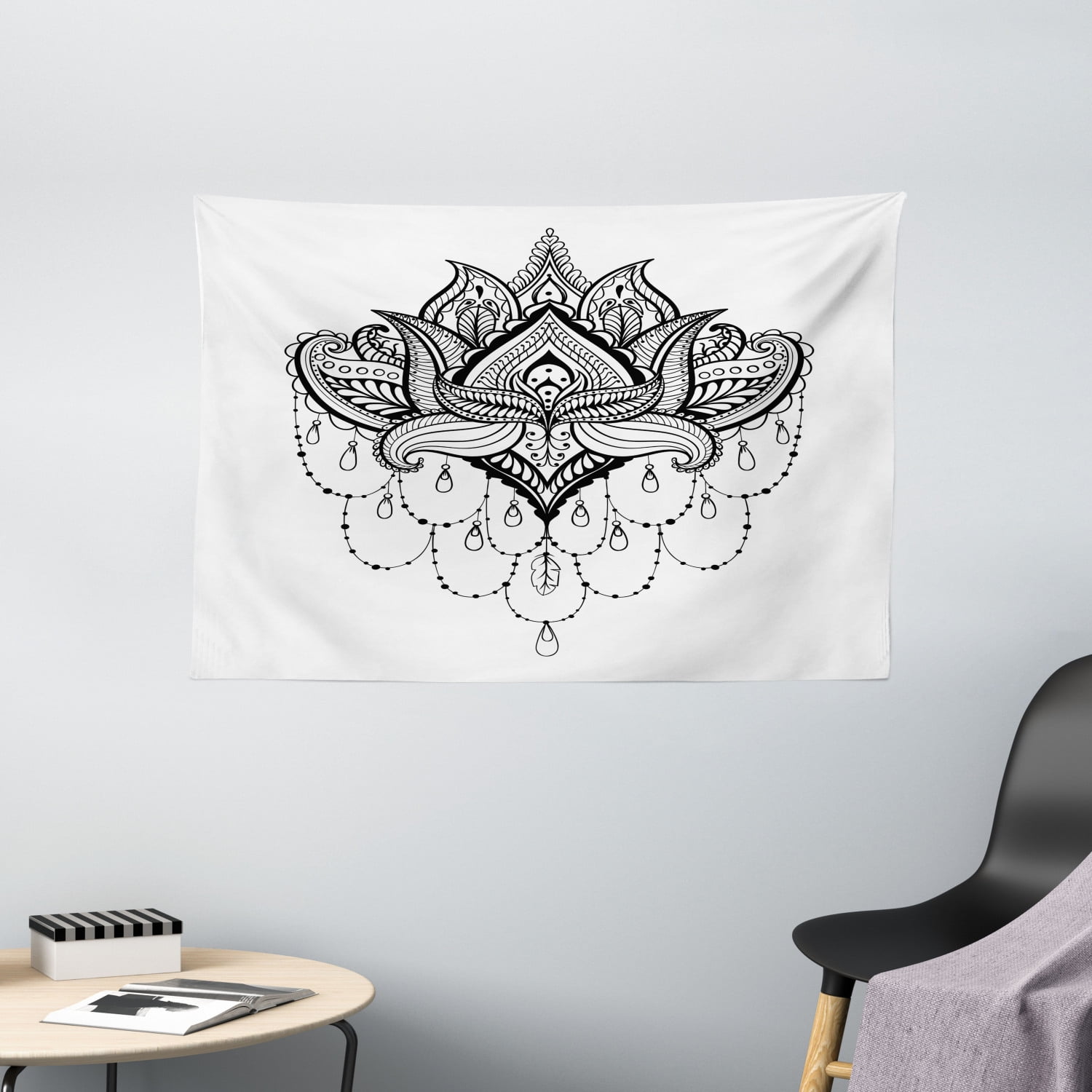 Henna Tapestry, Ethnic Zentengle Tattoo Style Ornamental Lotus Flower
