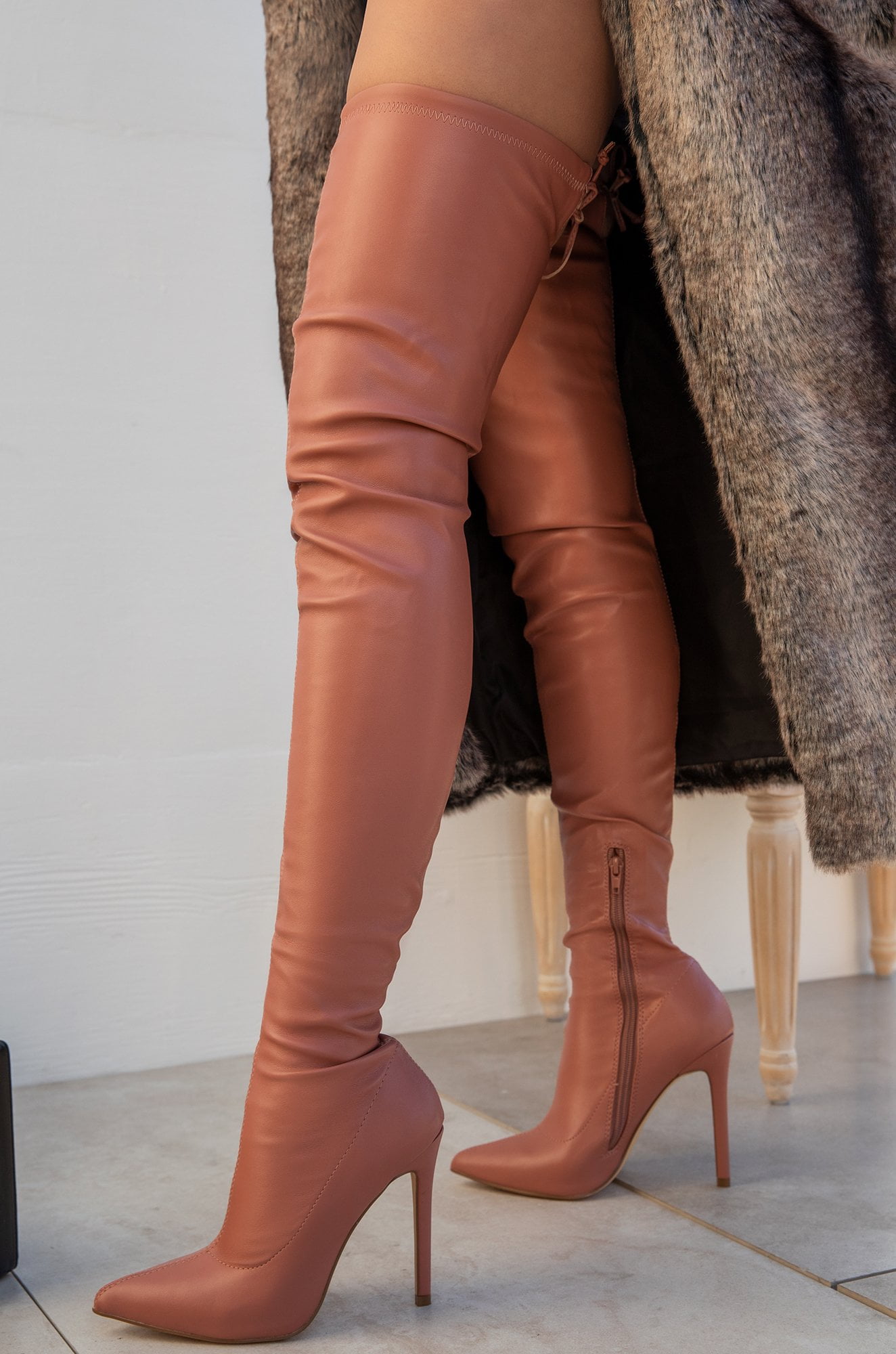 Almond Toe Dual Fabric Low Platform Knee High Stiletto Heel Boots 