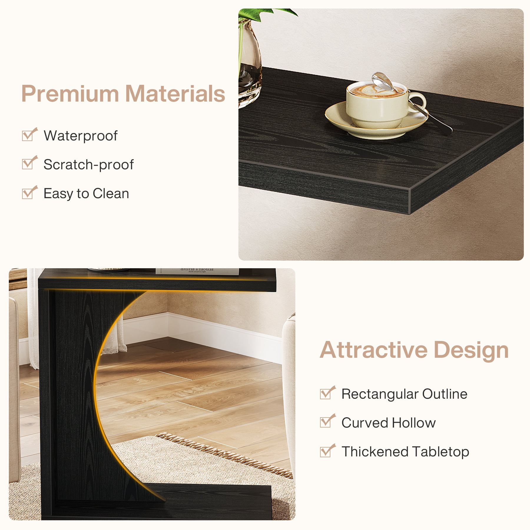 Fnova End Table Farmhouse C-shaped Side Table, Narrow Wooden Sofa Table with Space-Saving Design, Modern Bedside Table, Easy Assembly, Corner Table for Living Room, Bedroom, Nightstand, Black