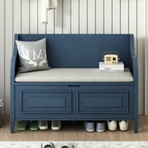Euroco 41.9" Rustic Storage Bench with Armrests, Upholstered Lift Top, Safety Hinge, Antique Navy