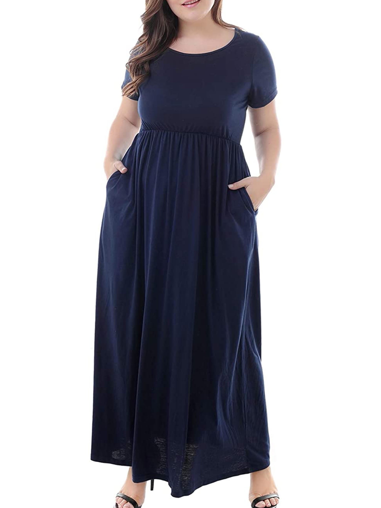 Freemale Womens Long Sleeve Crewneck Plain Casual Dress Long Maxi Dresses with Pockets