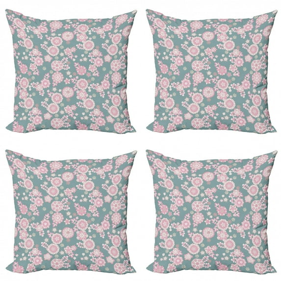 Ambesonne Floral Throw Pillow Cover 4 Pack, Romantic Pastel Foliage, 24", Slate Blue Pale Pink