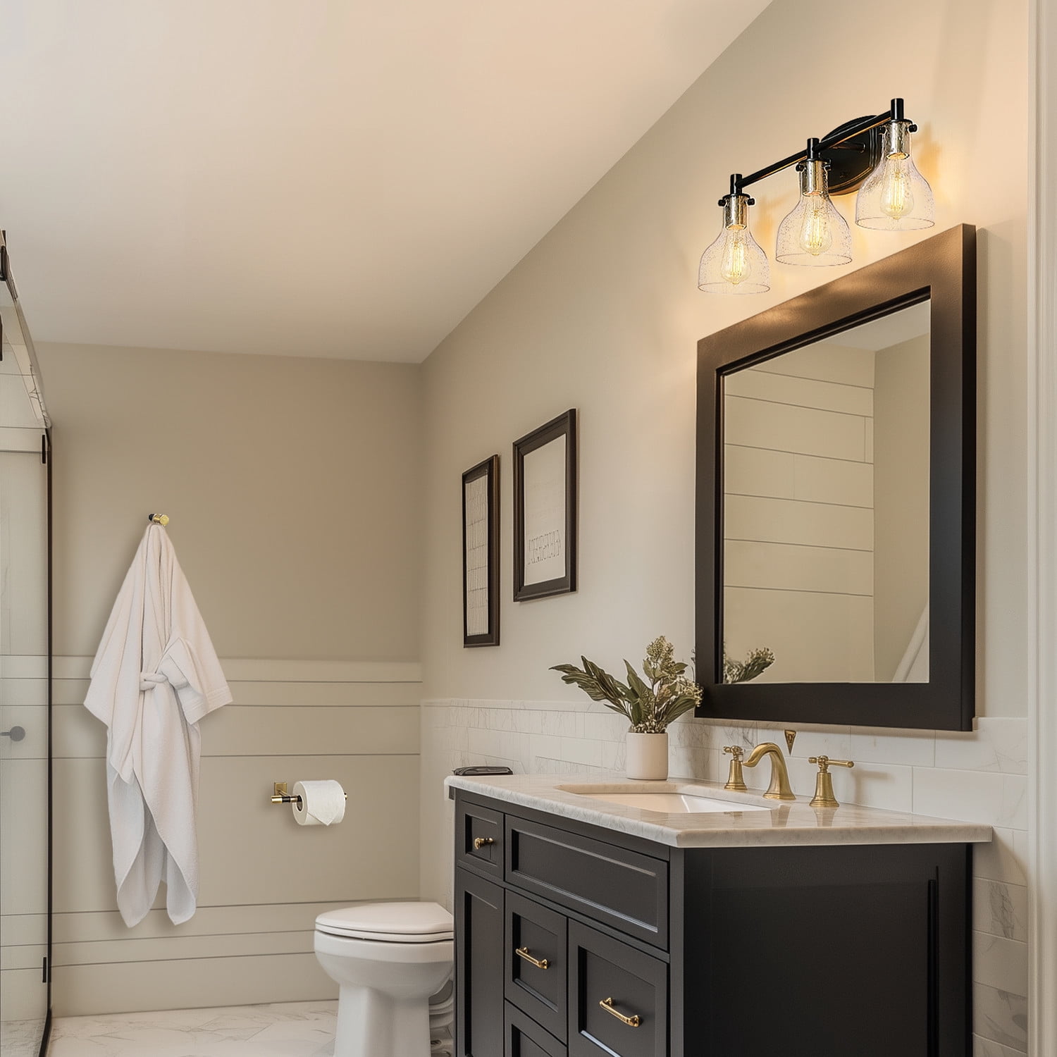 Globe Electric Modern Farmhouse Style 5-Piece Matte Black Bath Set with 24" 3-Light LED Vanity Light