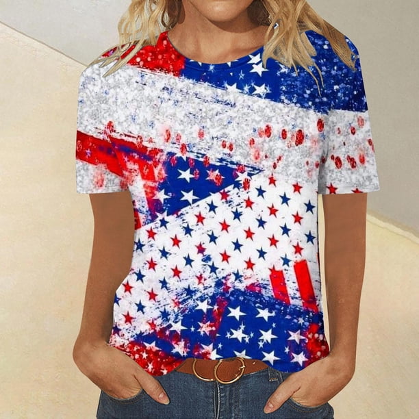 Fiudx Ofertas de La Semana Camiseta de Manga Corta con Cuello Redondo y Estampado Del Día de La Independencia Informal a La Moda para Mujer Top/Camisa de Manga Corta con Cuello Redondo