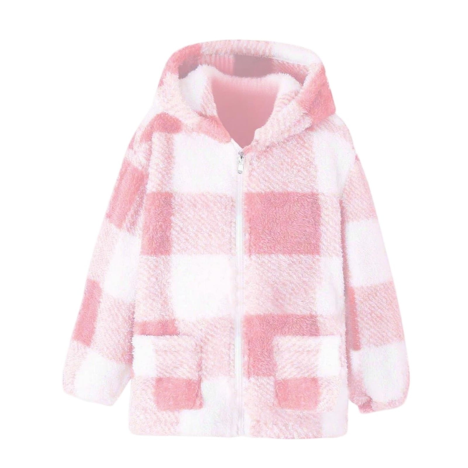 Xdegoge Girls Fleece Sherpa Jacket Plaid Fuzzy Zip Up Long Sleeve Hoodie Teen Thermal Loose Cozy Hooded Coats Tween 2025 Winter Thick Warm Outerwear With Pockets Age 8-14 Years
