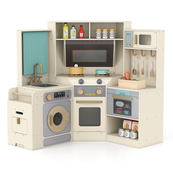 Patiojoy Corner Wooden Play Kitchen with Real Lights & Sounds Pretend Kids Kitchen Playset with Trash Bin Off White