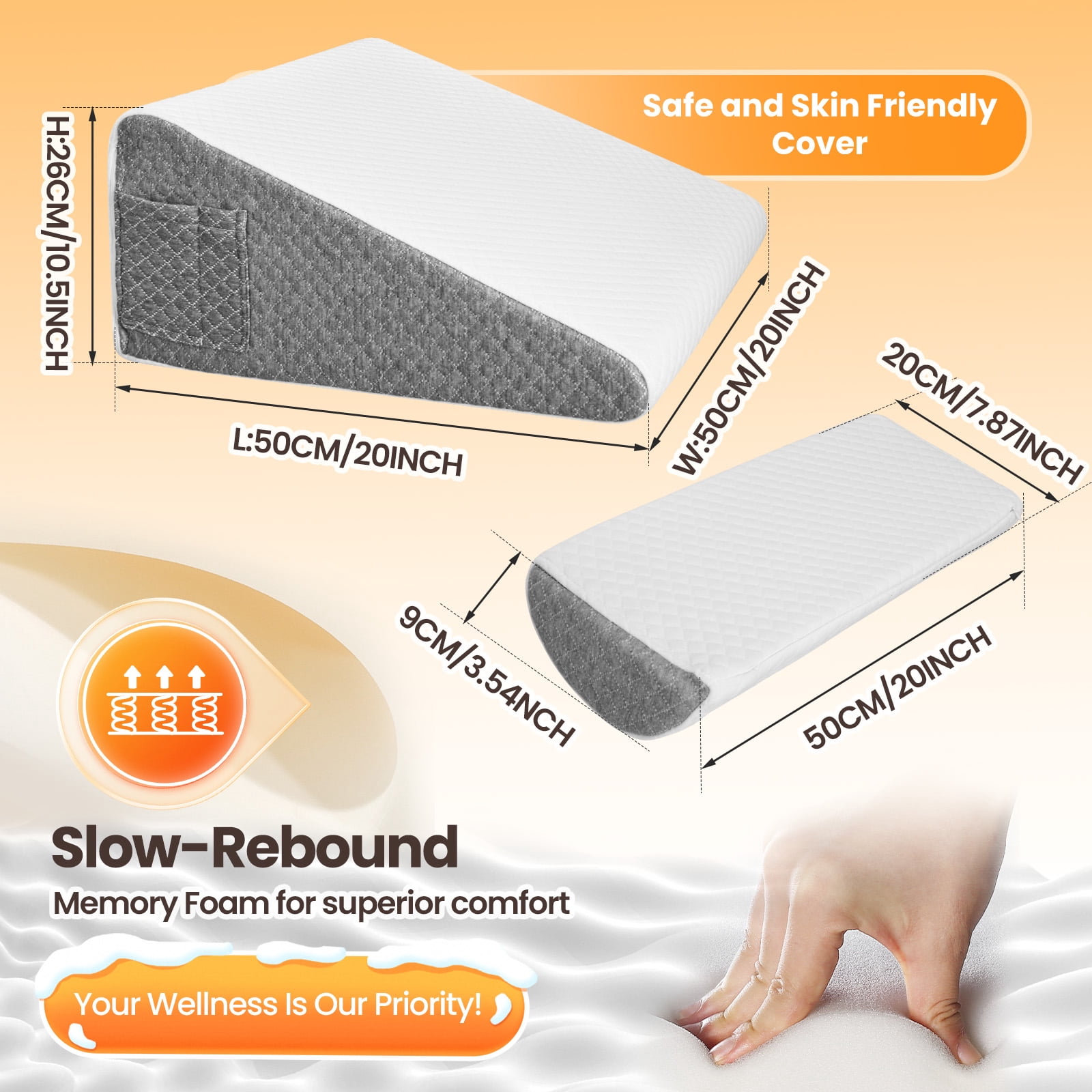 AMTPM Bed Wedge Pillow, Memory Foam Triangle Pillow for Sleep Apnea, Acid Reflux, Snoring, 12Inch Leg Elevation, Back Support for Sitting Up in Bed, Incline Cushion for Sleeping, Reading