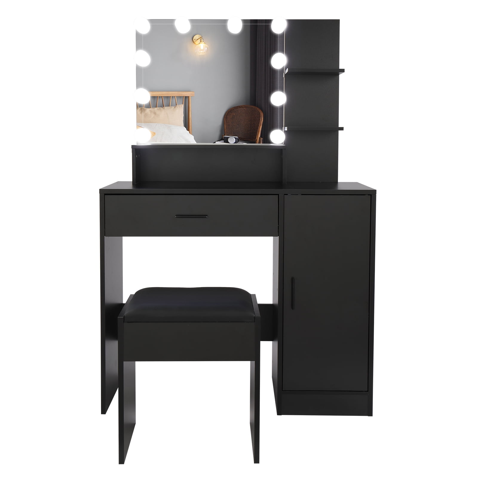 YYAo Farmhouse Vanity Desk Set, Makeup with Lighted Mirror and Stool, Dressing Table with Drawers and Storage Shelves for Bedroom, Black YYAo Farmhouse Vanity Desk Set, Makeup with Lighted Mirror and Stool, Dressing Table with Drawers and Storage Shelves for Bedroom, Black