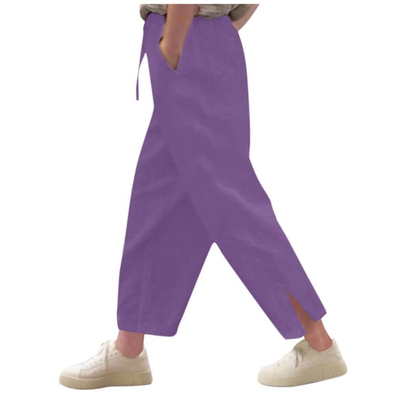 Lenpel Girls' Summer Pants Loose Elastic Waist Drawstring Side Split Wide Leg Pants Lightweight Casual Trousers with Pockets