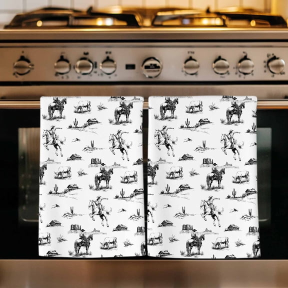 Black Western Cowboy Kitchen Towels Set of 1, Vintage Horse Cactus Ethnic Art Absorbent Dish Towels for Kitchen, Microfiber Hand Towel, Quick Drying Tea Towel for Cleaning Decorative Dishcloths