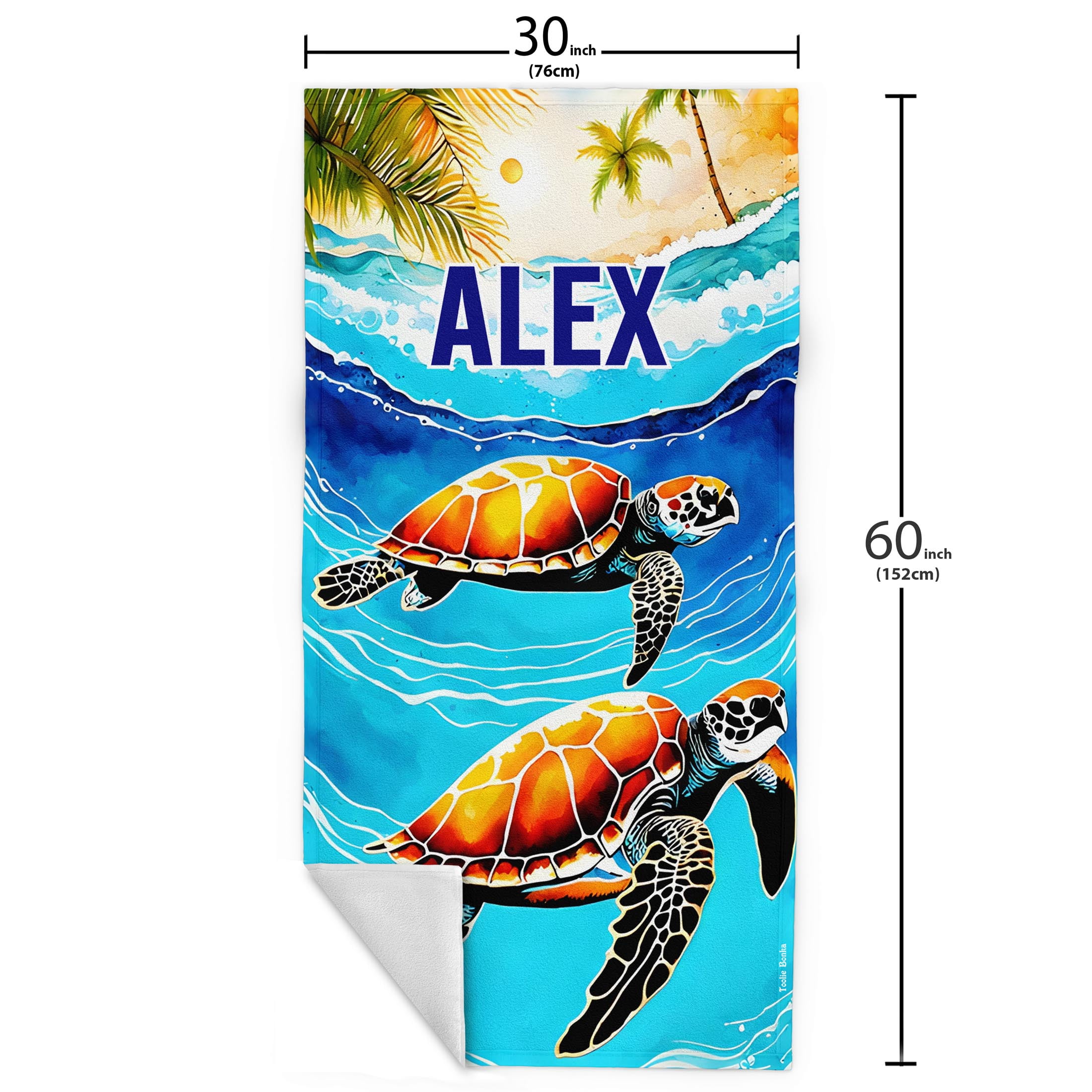 Toolie Bonka Personalized Tropical Sea Turtle Beach Towel for Boys, 30×60 Dual sided Polyester & Cotton gift towels for kids