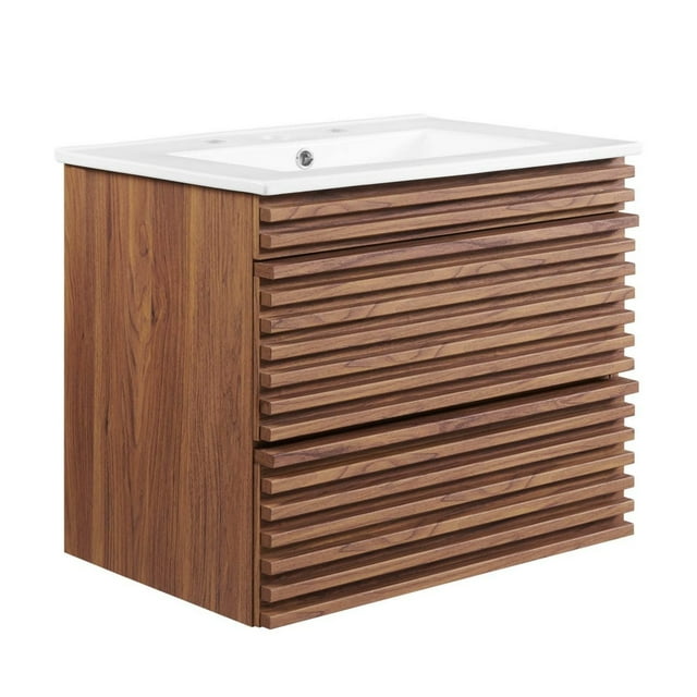 Render Meuble-Lavabo de Salle de Bain Mural 24 Pouces Noyer Blanc
