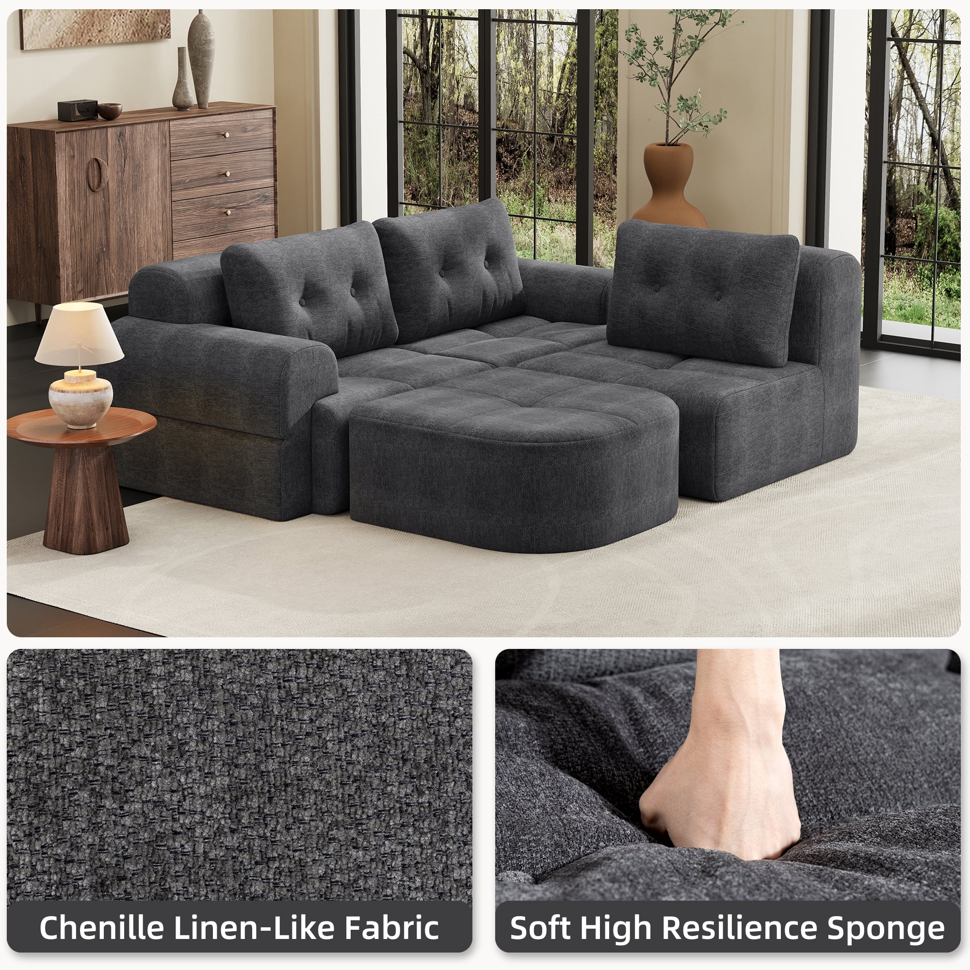 Modular Sectional Sofa with Chaise and Full-Foam Structure, 112-Inch Oversized Couch with Woven Texture Upholstery for Living Room, Dark Grey