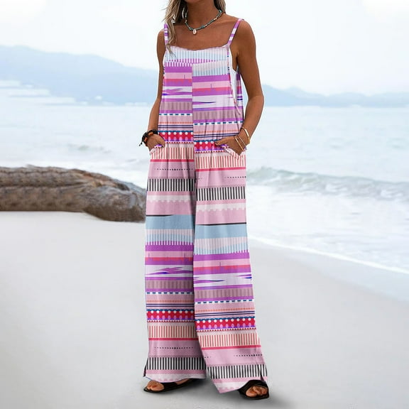 Wensltd Women's Casual Loose Jumpsuits One Piece Sleeveless Printed Wide Leg Long Pant With Pockets