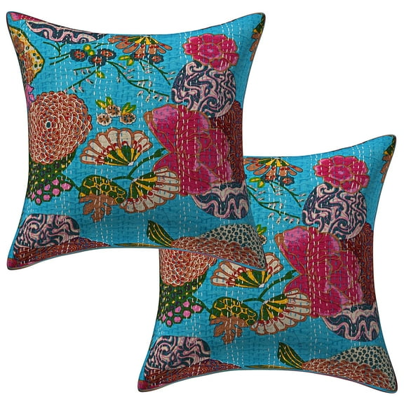Stylo Culture Indian Couch Throw Pillow Covers 16 x 16 Kantha Turquoise Printed 40cm x 40cm Living Room Toss Pillow Case Cotton Tropicana Square Cushion Covers | Set Of 2