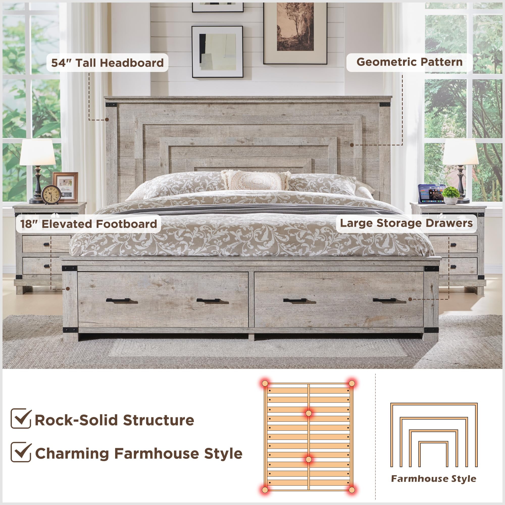 OKD Queen Size Bed Frame W/ 54" Tall Geometric Headboard, Farmhouse Wood Platform Bed W/ 2 Large Storage Drawers, No Box Spring Needed, Light Rustic Oak