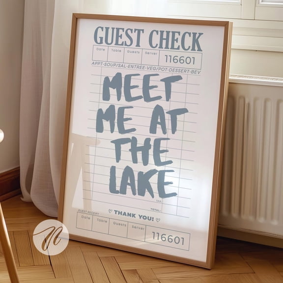 Meet Me At The Lake Print: Blue Coastal Typography, Lake House Decor UNFRAMED PAPER POSTER, Home Decor, Vintage Gift, Living Room Dercor