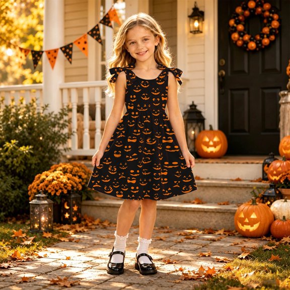 Huowey Halloween Dresses For Girls Baby Pumpkin Graphic Bow Dress-Up Party A-Line Dress Crew Neck Sleeveless Casual Trick Or Treat Eye-Catching Festival Clothes,Black,3-4 Years