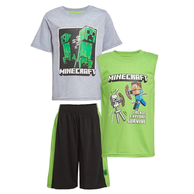 Conjunto para Niños Minecraft de 3 Piezas: Camiseta, Tank Top y Shorts Creepers