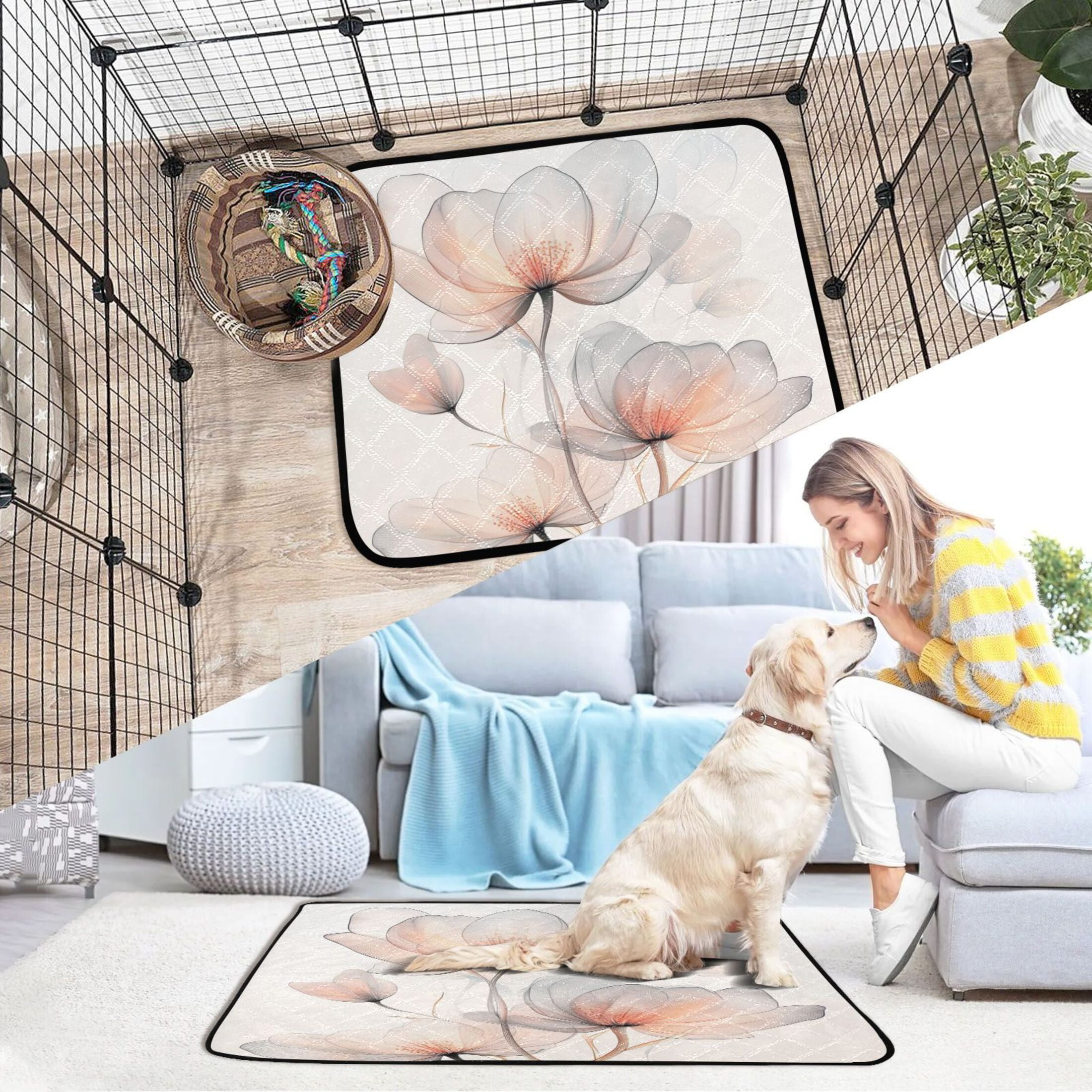 Qxltty Illustration Of Translucent Flowers Cat litter Pads Pet Set of 3 Diaper Mats Center Anti-leakage Layer Absorbent Soft and Comfortable