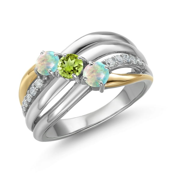Gem Stone King 925 Silver and 10K Yellow Gold Simulated White Opal and Green Peridot and Lab Grown Diamond Engagement Ring for Women | 0.95 Cttw | Round Cabochon 4MM | October Birthstone | Size 7