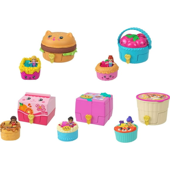 Polly Pocket Tiny Take Out Reveal Assortment, Micro Dolls & Compacts with Toy Cars, Food Theme Vehicle Collection