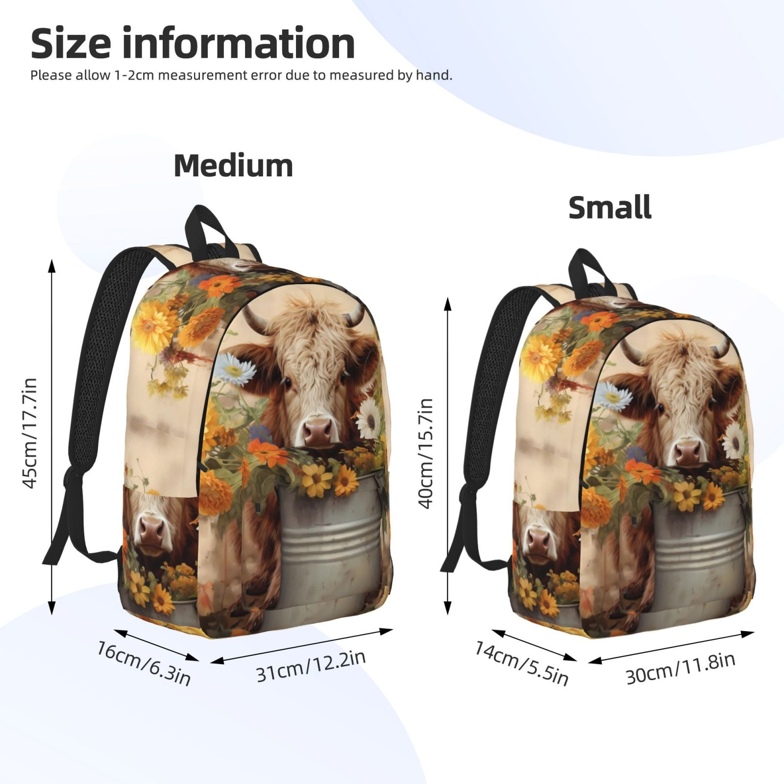 Picia Bucket Flower Cow Printed Canvas Daypack - Stylish and Durable Vintage Compact Backpack - Class, Work, Travel, or Laptop Bookbag,Organized Compartments-Small