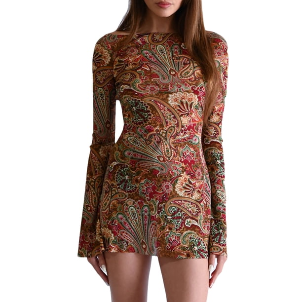 Mujeres Moda Mini Vestido Color Sólido/ Estampado Floral Manga Larga Sexy Vestido Delgado Sin Espalda Moda Femenina Fiesta Streetwear Nituyy Mini Vestido de Mujer Sólido