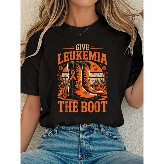 Retro Give Leukemia Cancer The Boot Cowgirl Cancer Awareness T-Shirt Tee Shirts Women