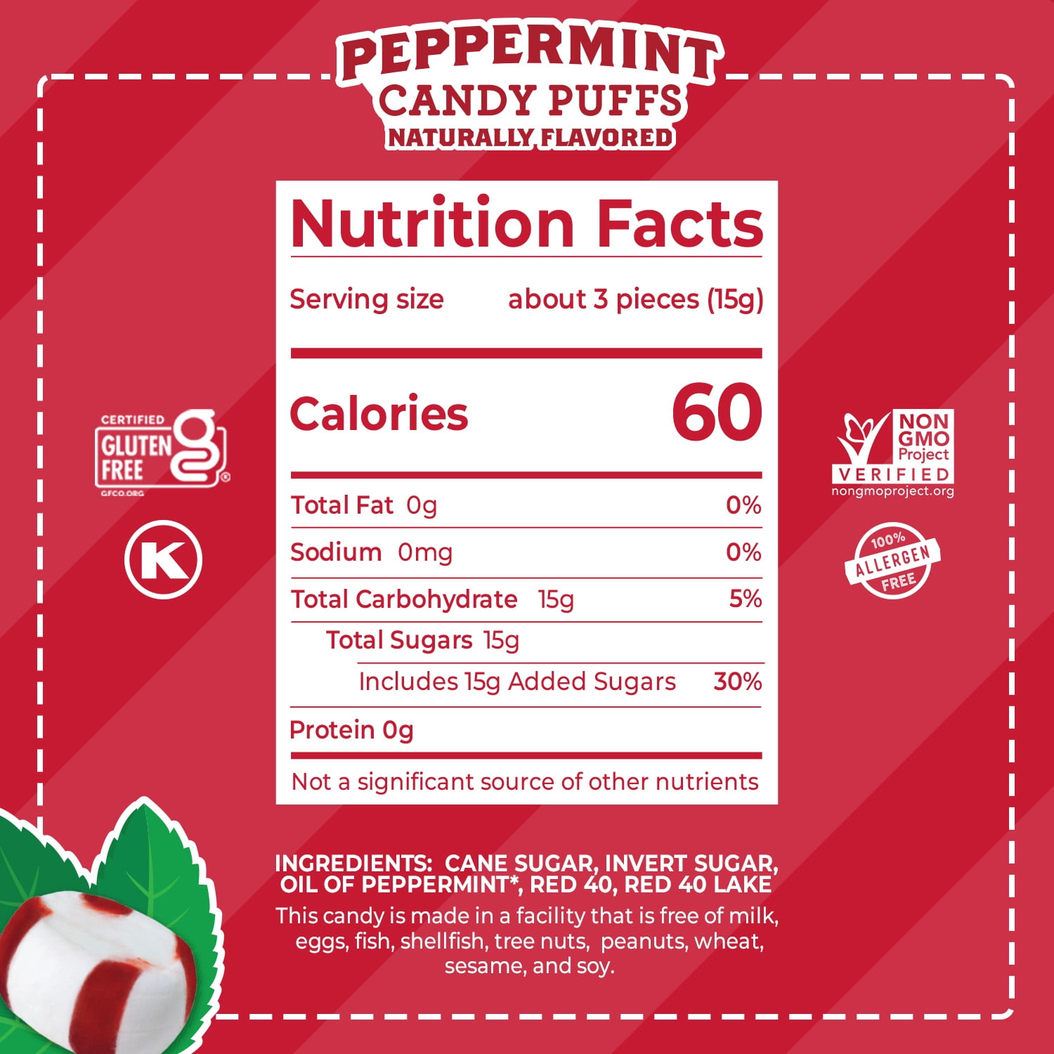 Red Bird Individually Wrapped Peppermint Candy Puffs, Gluten Free, Kosher, Non-GMO, 52 oz, Tub