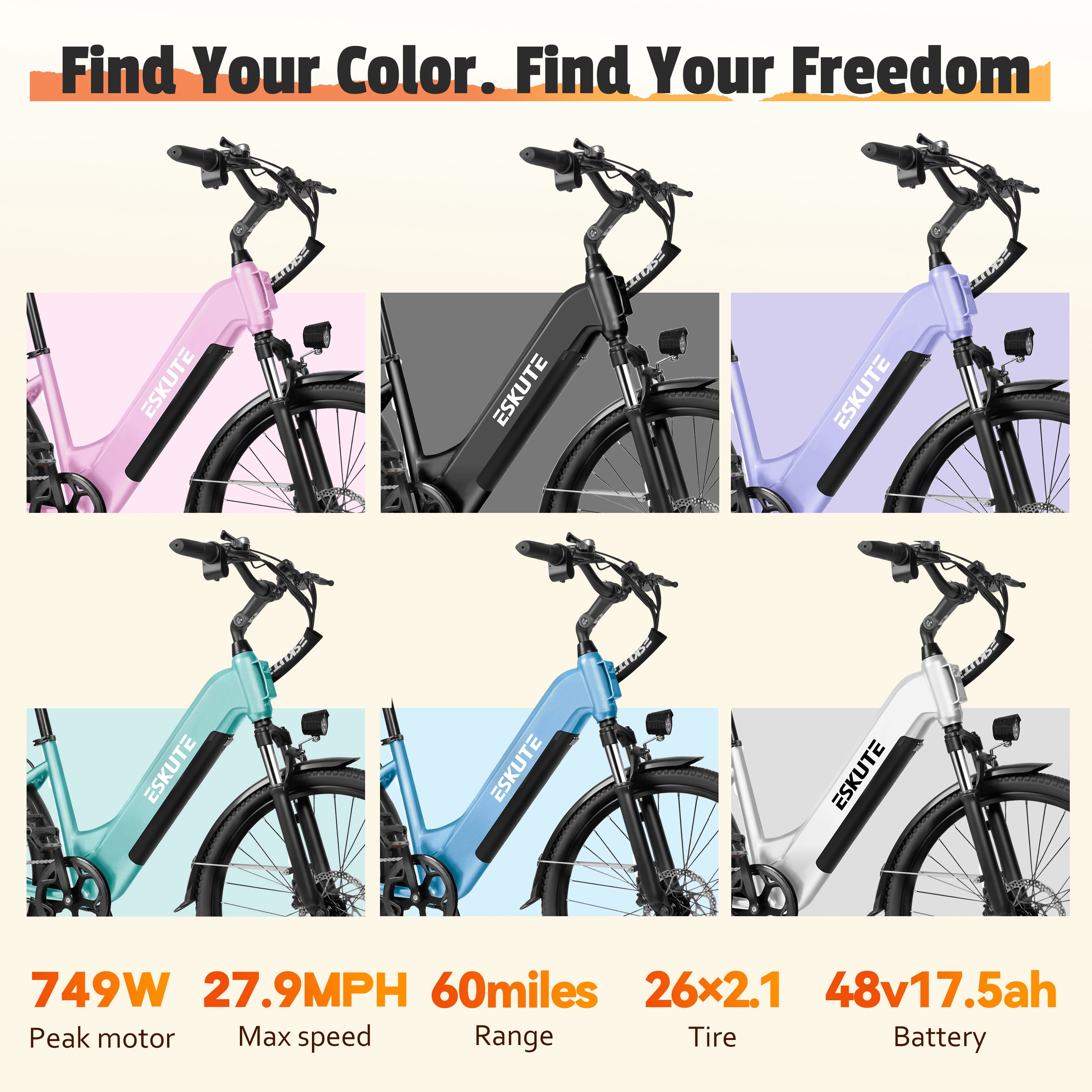 Electric Bike for Adults – 1300W Peak Motor, 28MPH, 840Wh Removable Battery, Up to 70-Mile Range, 26" Tires, 7-Speed Adjustable Stem, Step-Thru, Green