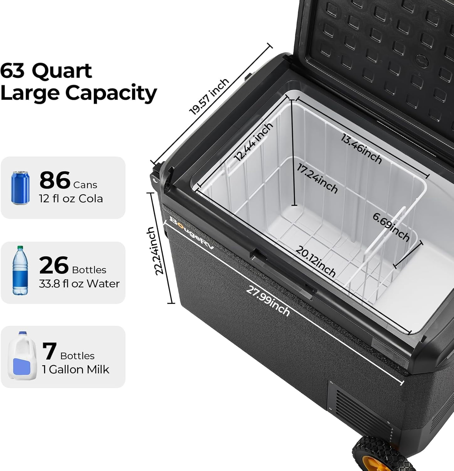 BougeRV 12 Volt Car Refrigerator with Wheels, CRS 63 Quart Portable Fridge Freezer with APP Control, -4℉ to 68℉ for Truck RV Camping