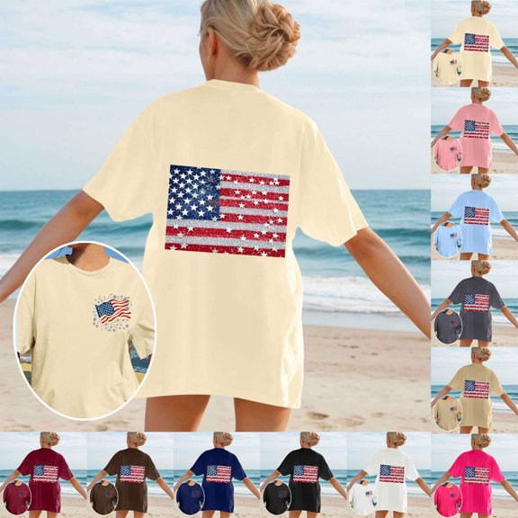 UVEASISHA Oversized Tshirts for Women Short Sleeve USA Flag Print T-Shirt Independence Day Patriotic Tops Blue L
